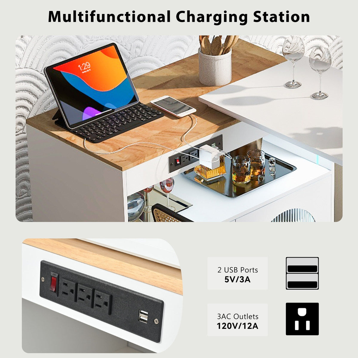 BABOOM White Mdf Base with Wood Top Rolling Kitchen Island (15.75-in x 56.3-in x 38.2-in)