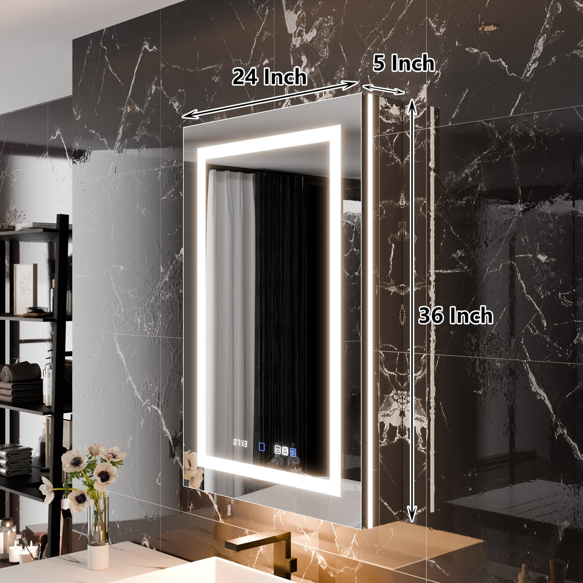 WELLFOR V11 24-in x 36-in Lighted LED Fog Free Surface/Recessed Mount Silver Mirrored Soft Close Medicine Cabinet with Outlet