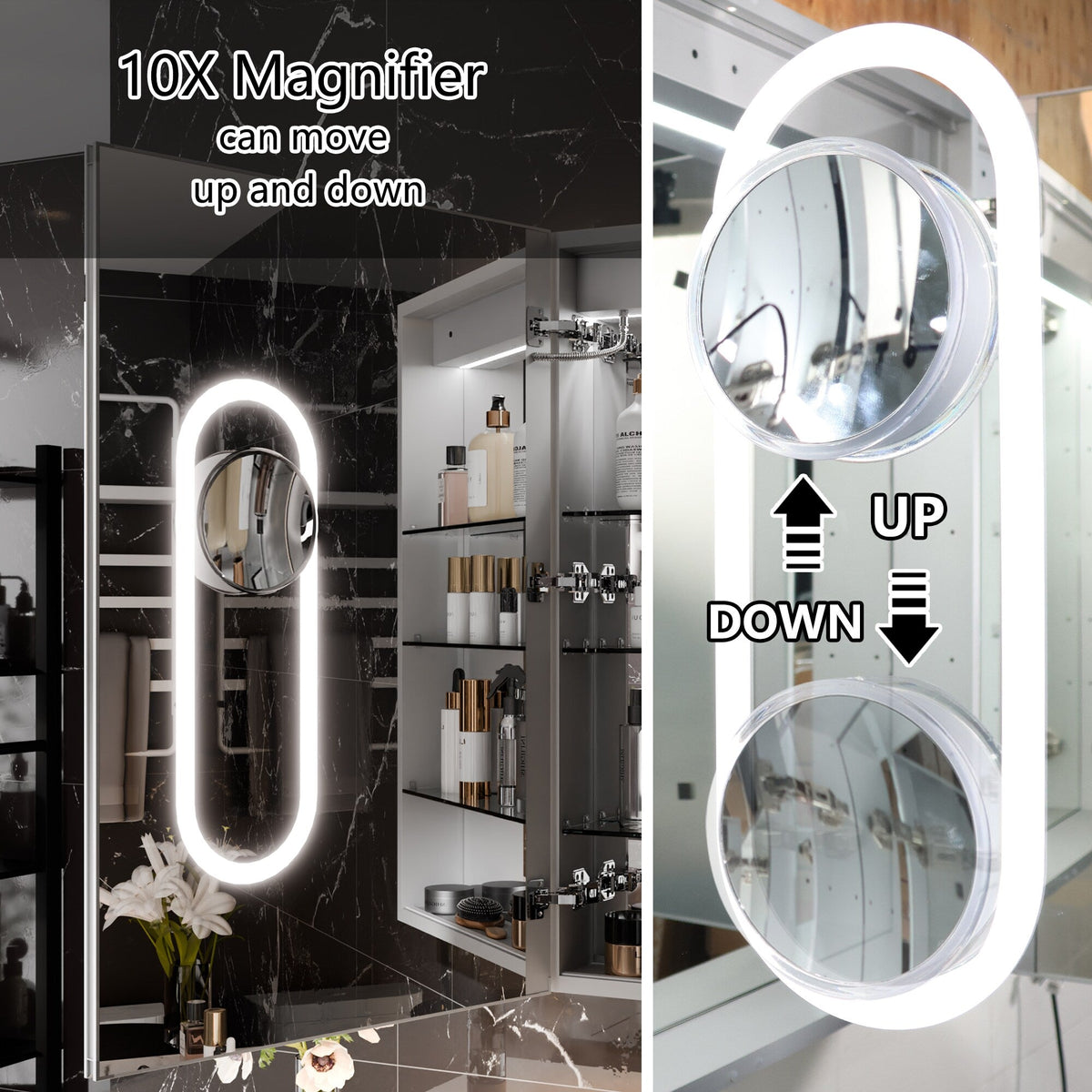 WELLFOR V11 24-in x 36-in Lighted LED Fog Free Surface/Recessed Mount Silver Mirrored Soft Close Medicine Cabinet with Outlet