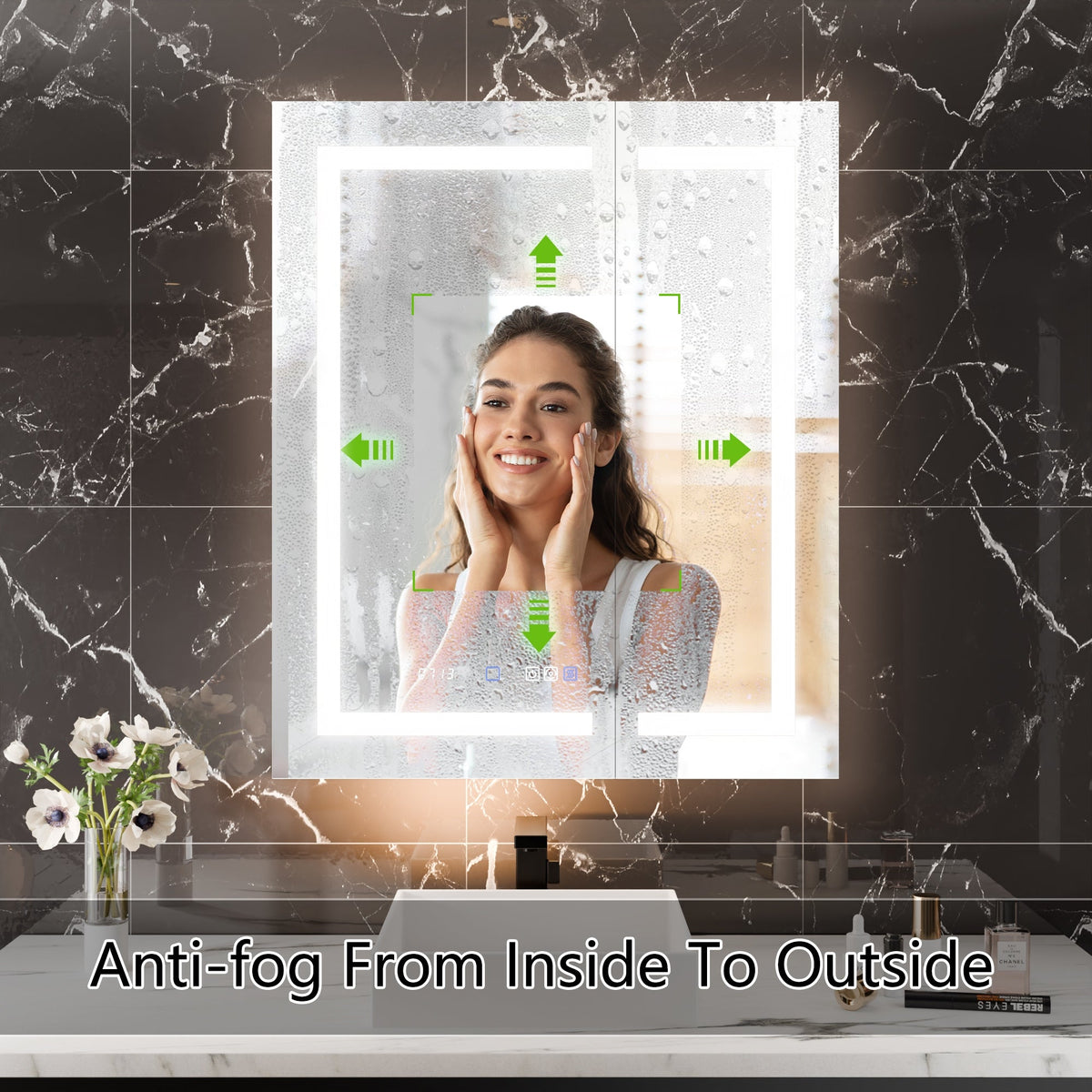 WELLFOR V11 24-in x 36-in Lighted LED Fog Free Surface/Recessed Mount Silver Mirrored Soft Close Medicine Cabinet with Outlet