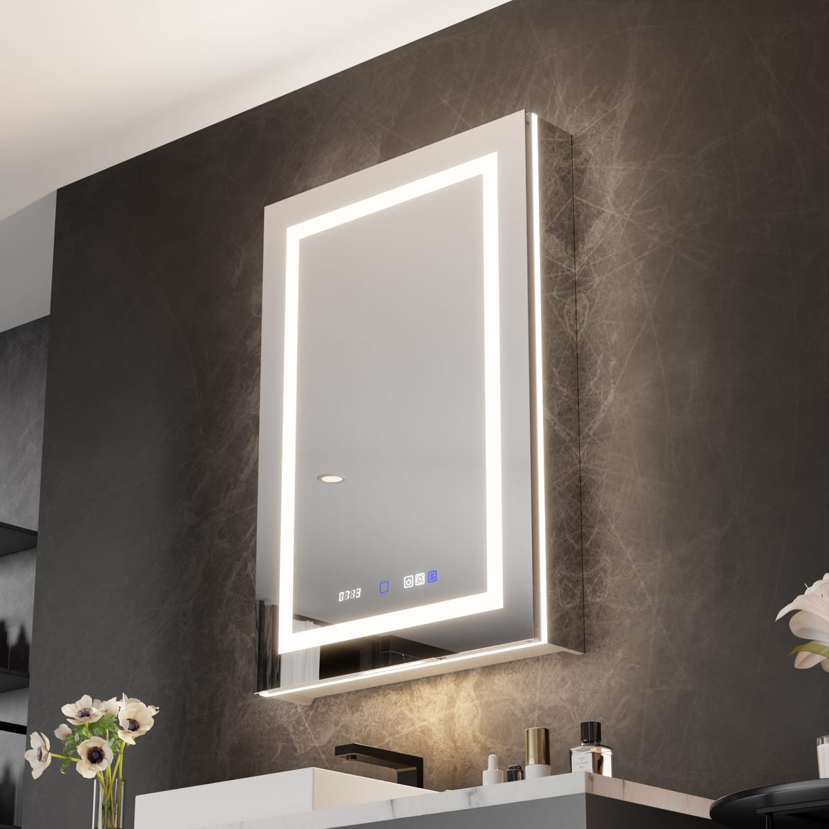 WELLFOR V11 24-in x 36-in Lighted LED Fog Free Surface/Recessed Mount Silver Mirrored Soft Close Medicine Cabinet with Outlet