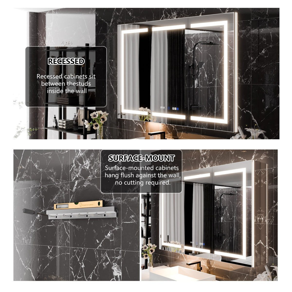 WELLFOR 54-in x 36-in Lighted LED Fog Free Surface/Recessed Mount Silver Mirrored Soft Close Medicine Cabinet with Outlet