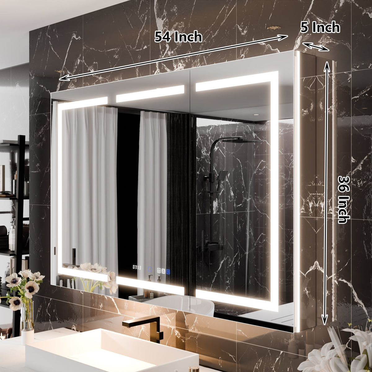 WELLFOR 54-in x 36-in Lighted LED Fog Free Surface/Recessed Mount Silver Mirrored Soft Close Medicine Cabinet with Outlet