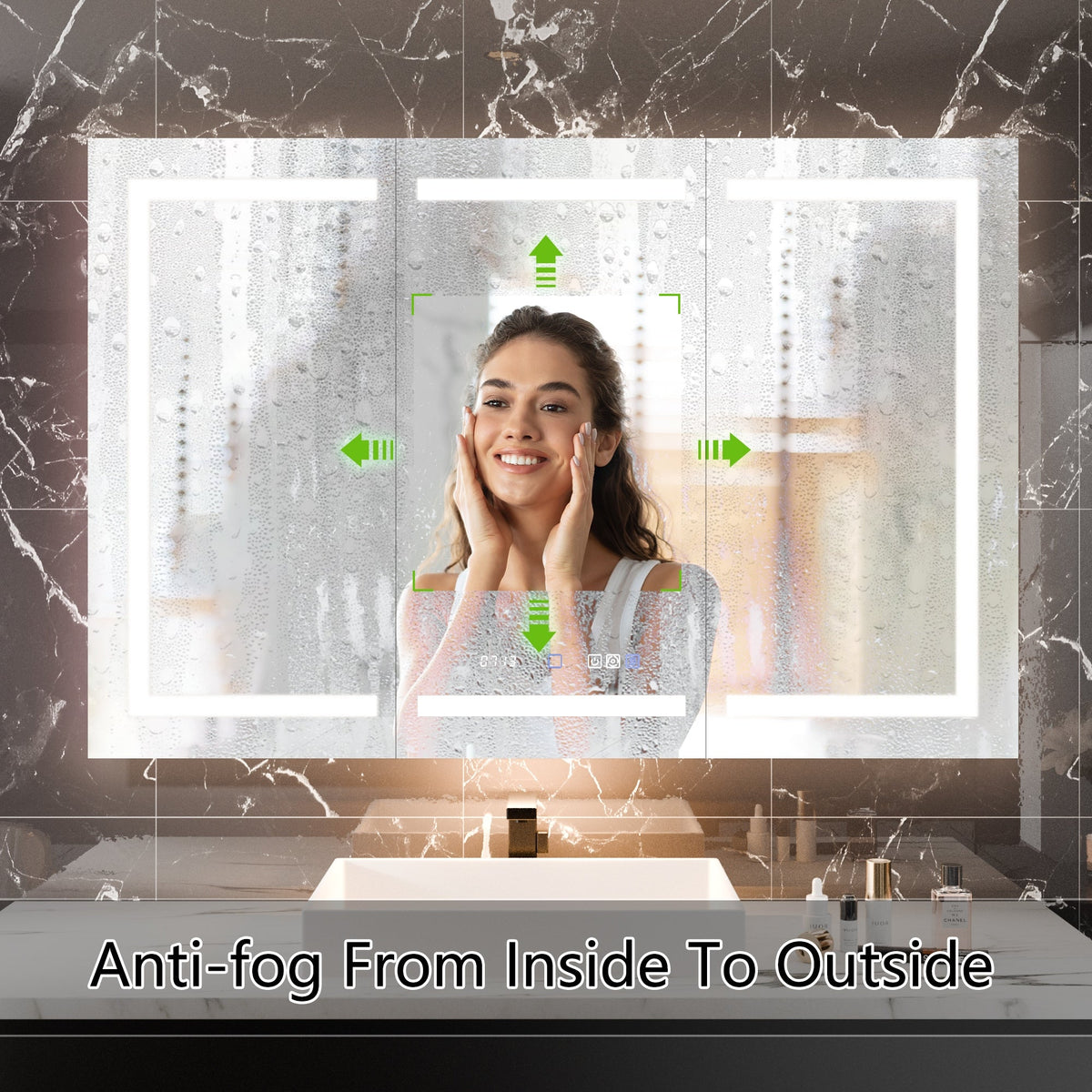 WELLFOR 54-in x 36-in Lighted LED Fog Free Surface/Recessed Mount Silver Mirrored Soft Close Medicine Cabinet with Outlet