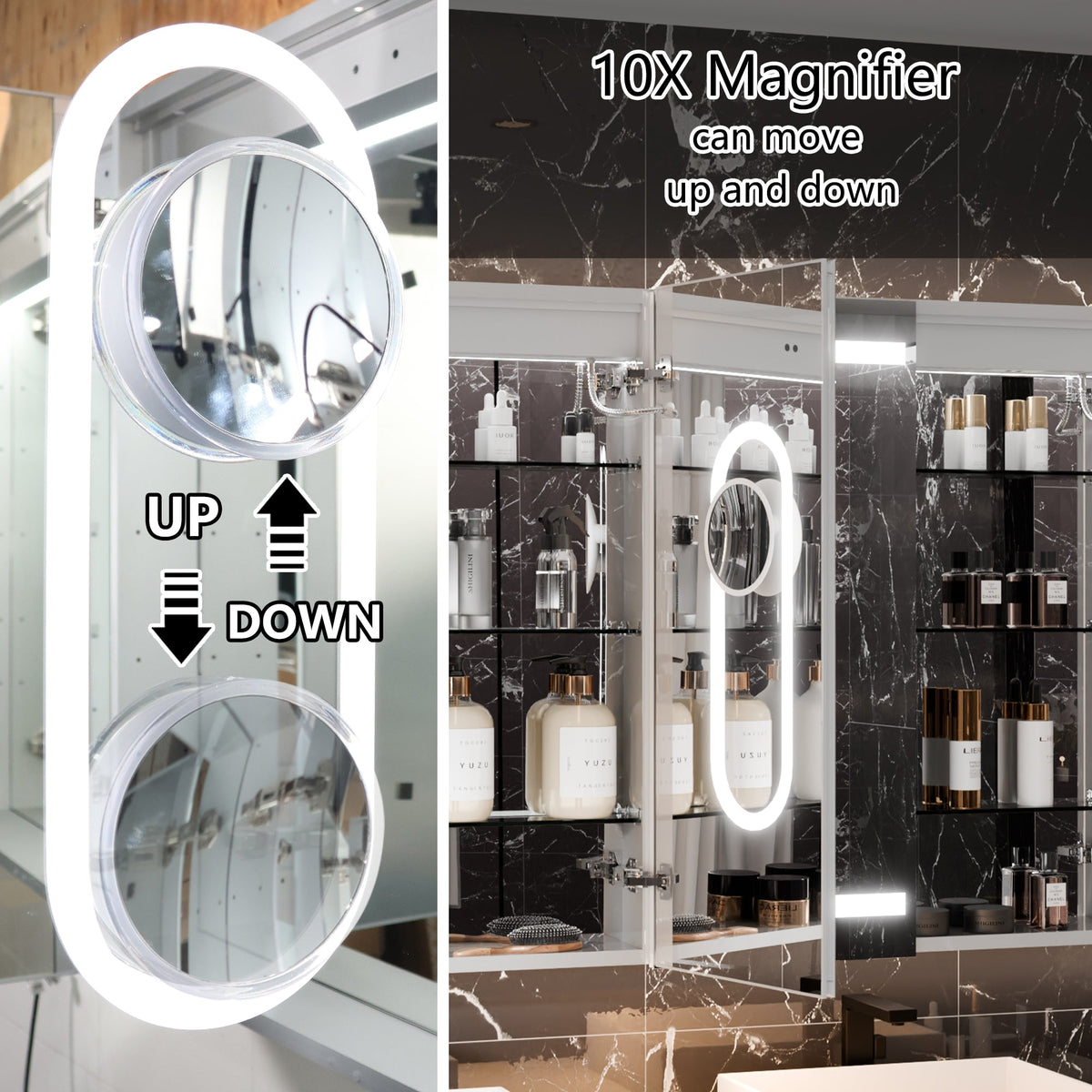 WELLFOR 60-in x 36-in Lighted LED Fog Free Surface/Recessed Mount Silver Mirrored Soft Close Medicine Cabinet with Outlet
