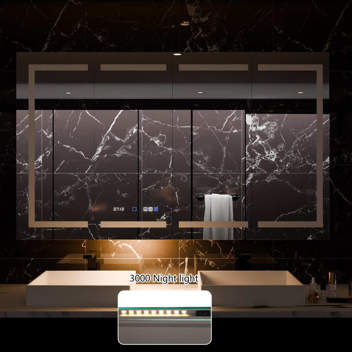 WELLFOR 60-in x 36-in Lighted LED Fog Free Surface/Recessed Mount Silver Mirrored Soft Close Medicine Cabinet with Outlet