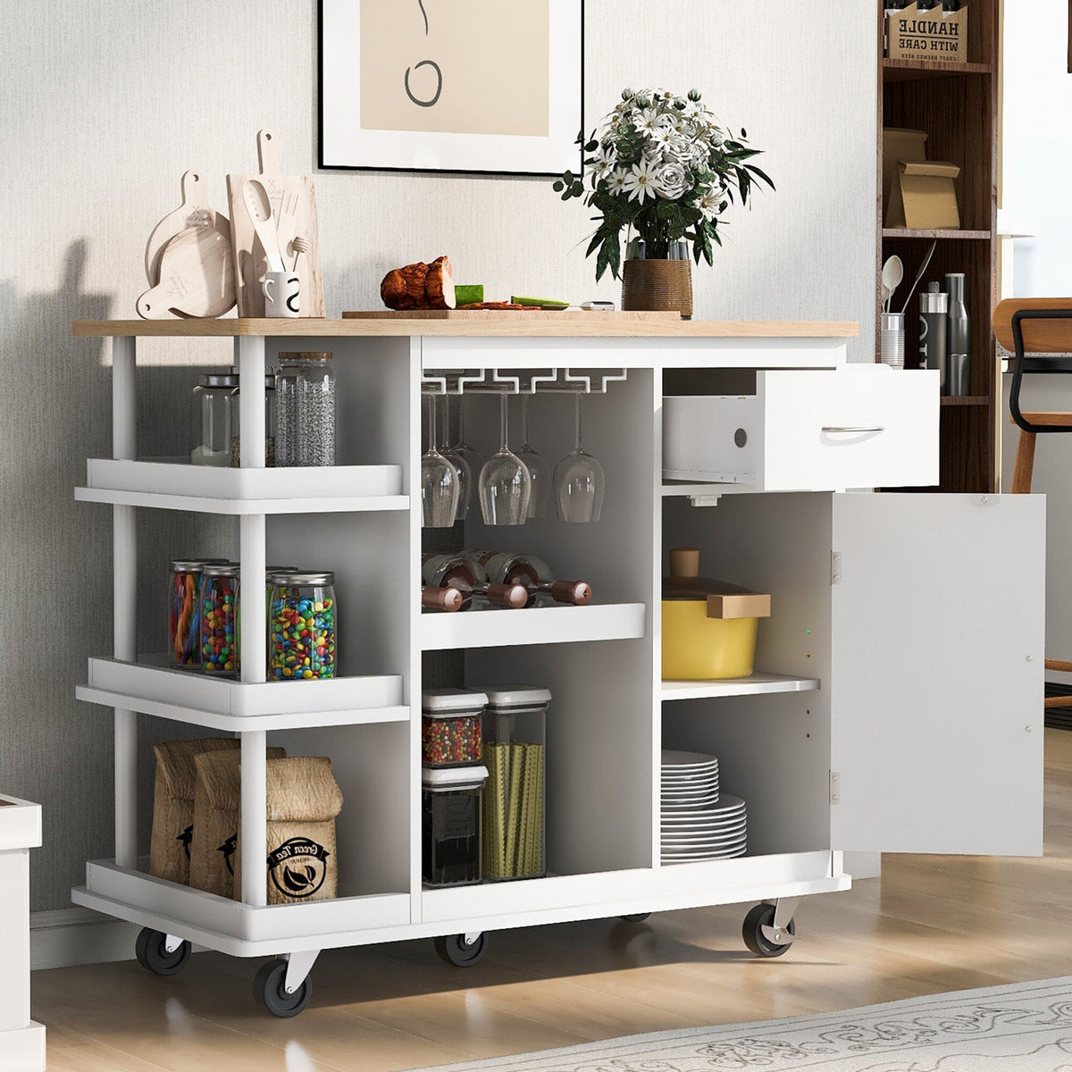 CESICIA White Wood Base with Wood Top Rolling Kitchen Island (17.5-in x 40-in x 33.7-in)
