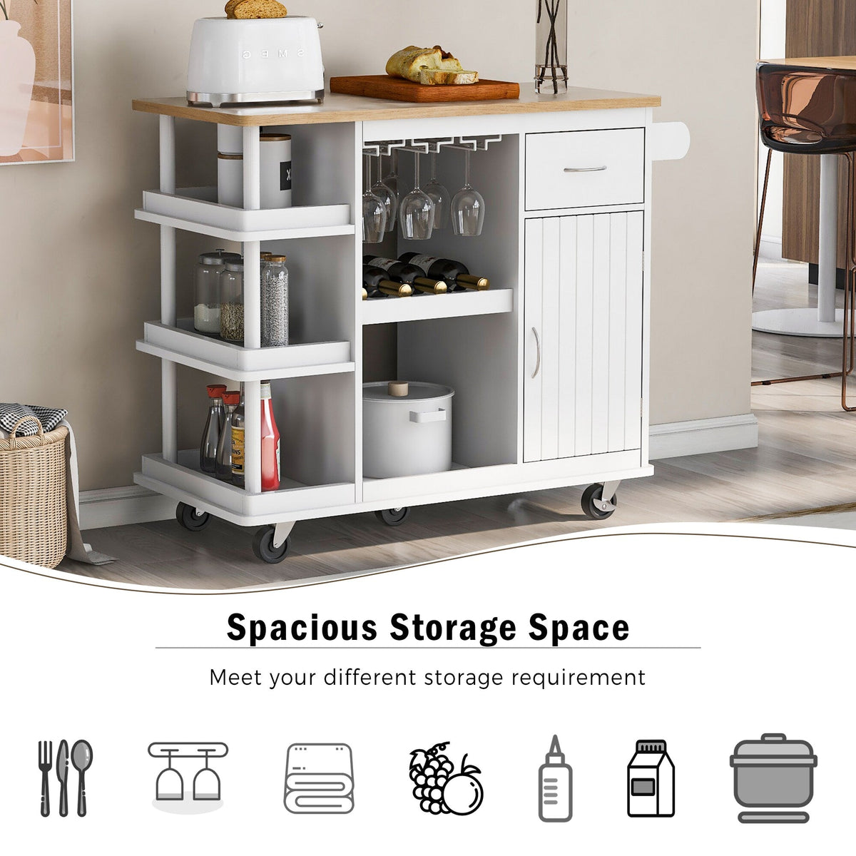 CESICIA White Wood Base with Wood Top Rolling Kitchen Island (17.5-in x 40-in x 33.7-in)