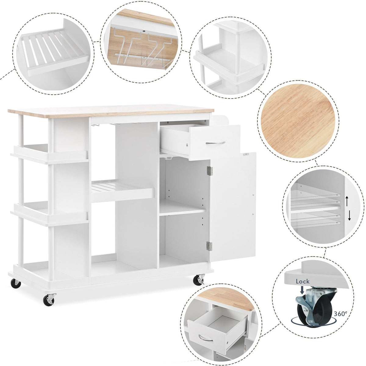 CESICIA White Wood Base with Wood Top Rolling Kitchen Island (17.5-in x 40-in x 33.7-in)