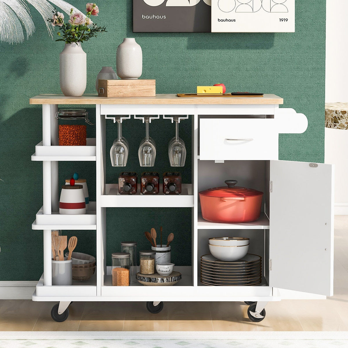 CESICIA White Wood Base with Wood Top Rolling Kitchen Island (17.5-in x 40-in x 33.7-in)