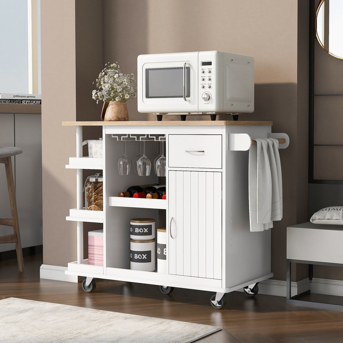 CESICIA White Wood Base with Wood Top Rolling Kitchen Island (17.5-in x 40-in x 33.7-in)