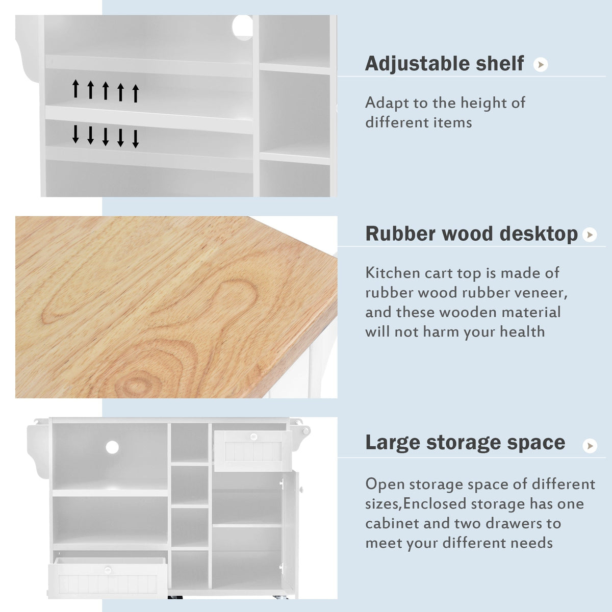 CESICIA White Wood Base with Wood Top Rolling Kitchen Island (18.1-in x 50.8-in x 36.2-in)