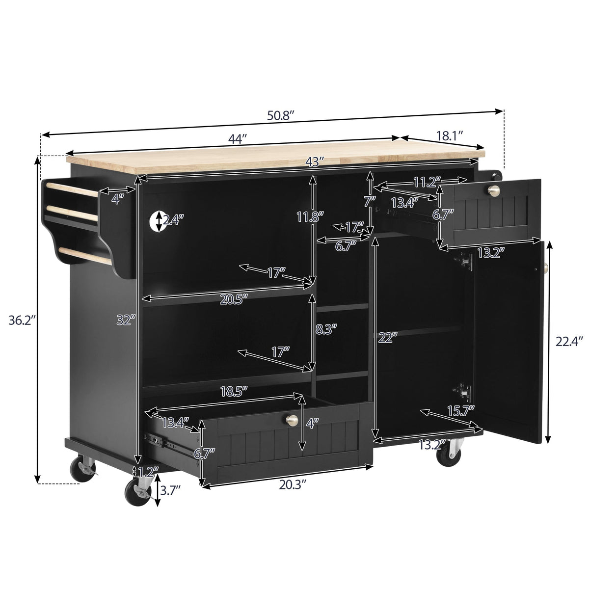 CESICIA Black Wood Base with Wood Top Rolling Kitchen Island (18.1-in x 50.8-in x 36.2-in)