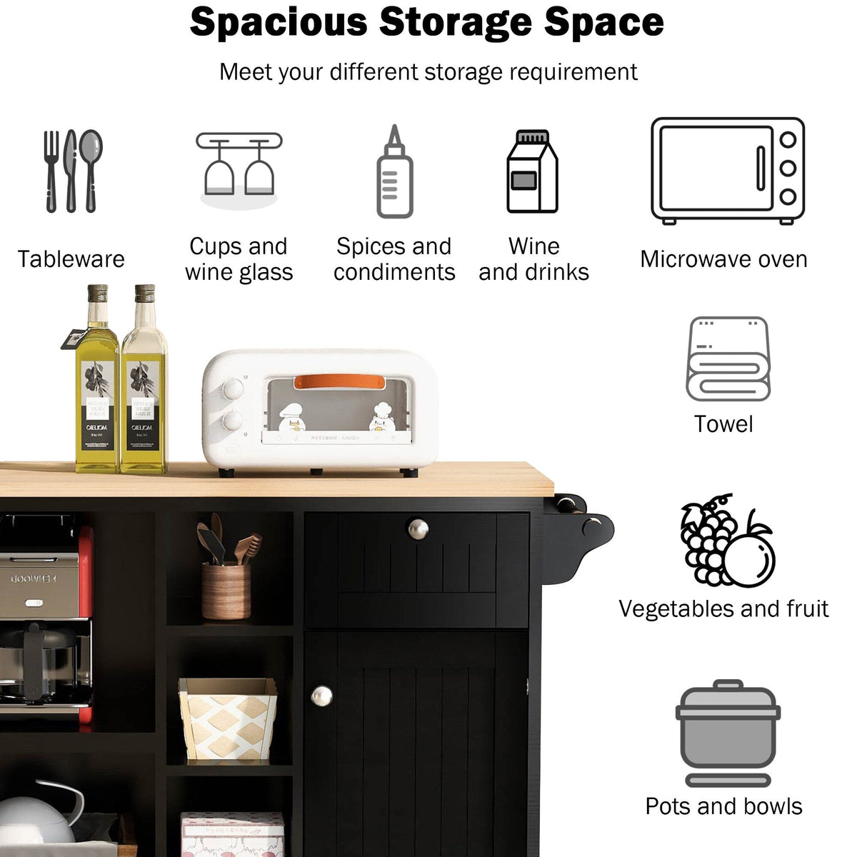 CESICIA Black Wood Base with Wood Top Rolling Kitchen Island (18.1-in x 50.8-in x 36.2-in)