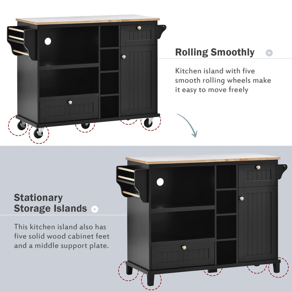 CESICIA Black Wood Base with Wood Top Rolling Kitchen Island (18.1-in x 50.8-in x 36.2-in)