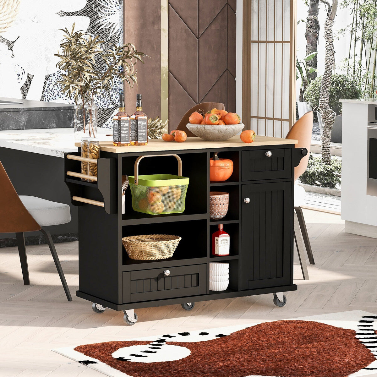 CESICIA Black Wood Base with Wood Top Rolling Kitchen Island (18.1-in x 50.8-in x 36.2-in)