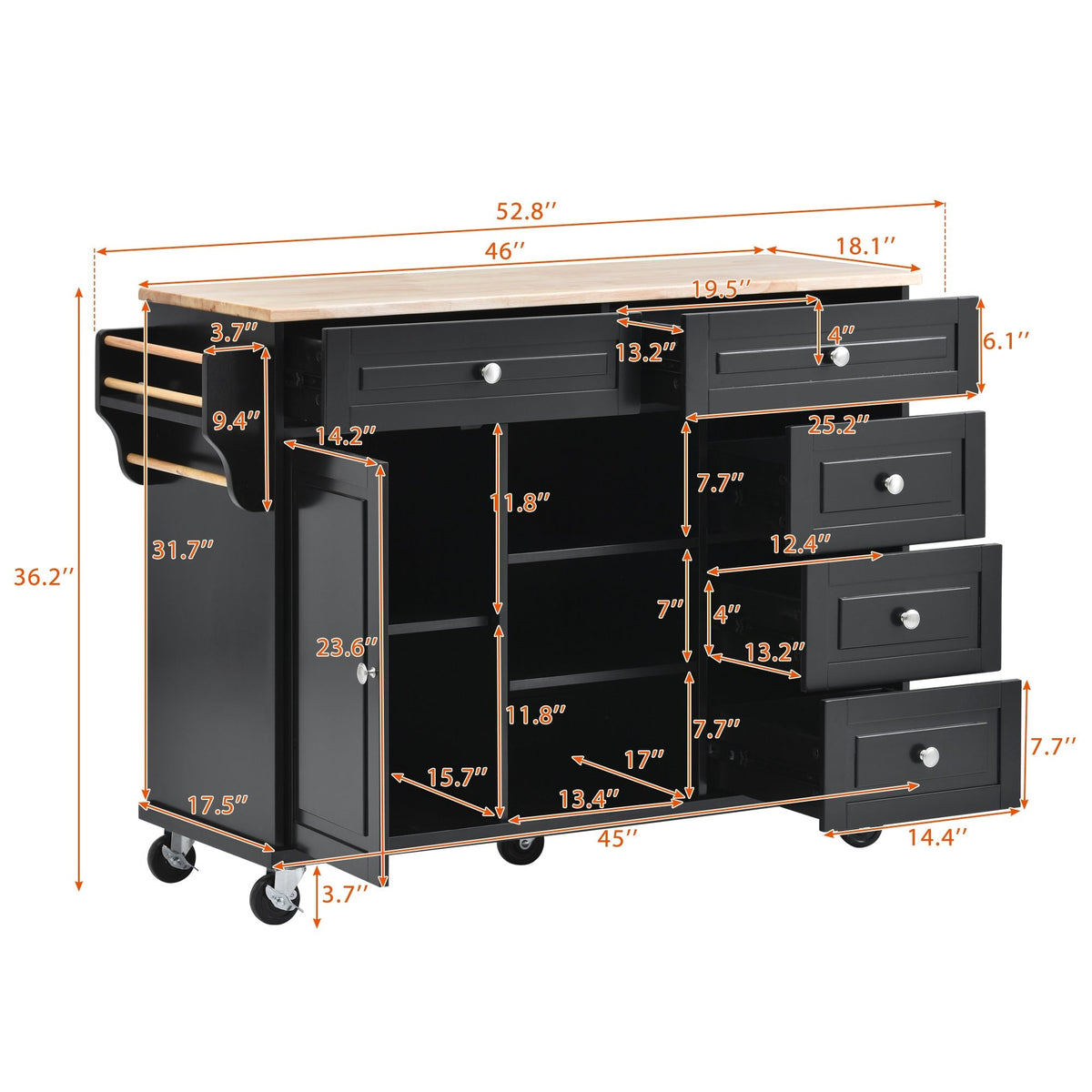 CESICIA Black Wood Base with Wood Top Rolling Kitchen Island (18.1-in x 52.8-in x 36.2-in)