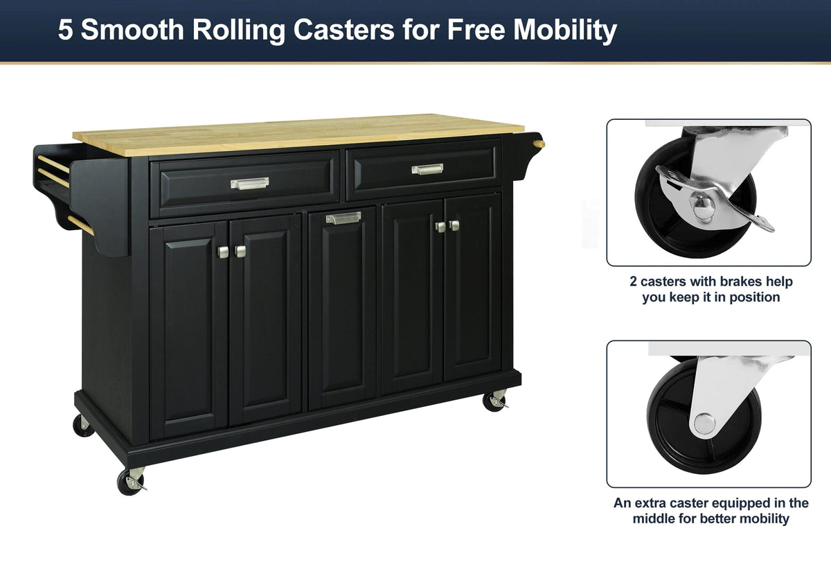 CESICIA Black Wood Base with Wood Top Rolling Kitchen Island (18-in x 51-in x 36-in)