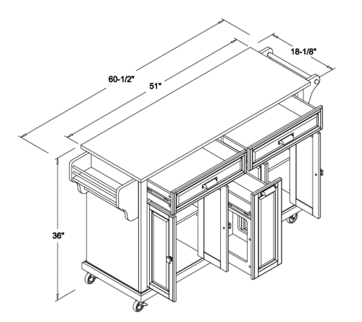 CESICIA Black Wood Base with Wood Top Rolling Kitchen Island (18-in x 51-in x 36-in)