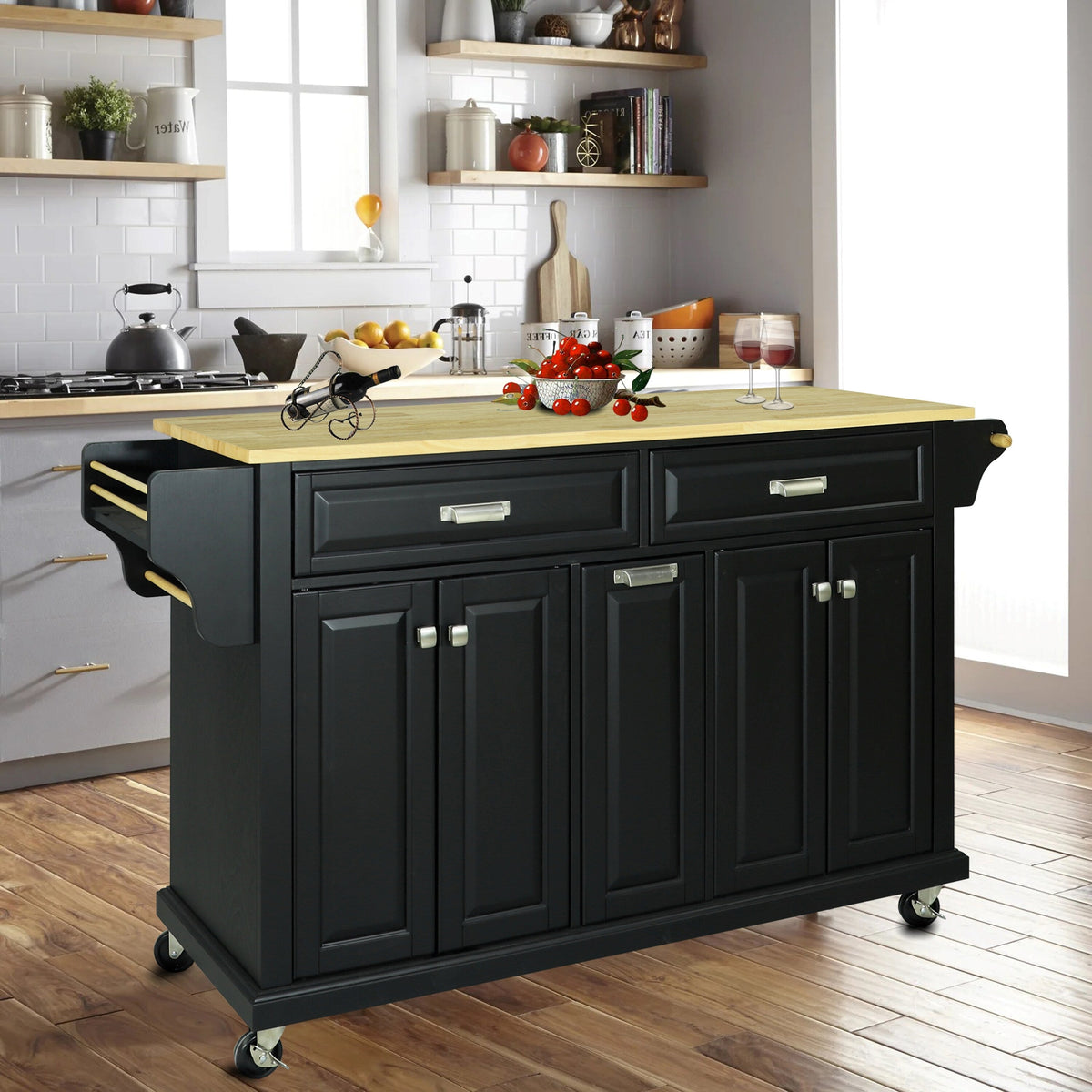 CESICIA Black Wood Base with Wood Top Rolling Kitchen Island (18-in x 51-in x 36-in)
