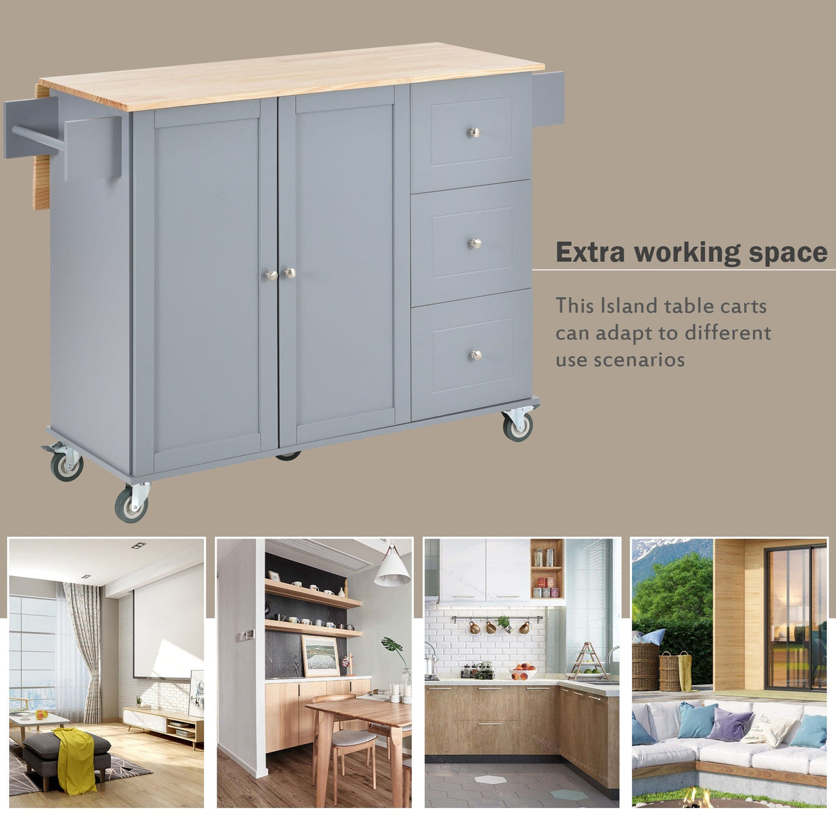 CESICIA Blue Wood Base with Wood Top Rolling Kitchen Island (17.71-in x 52.7-in x 36.81-in)