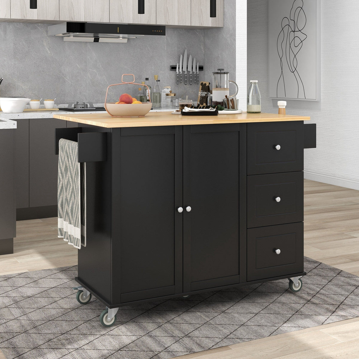 CESICIA Black Wood Base with Wood Top Rolling Kitchen Island (17.71-in x 52.7-in x 36.81-in)