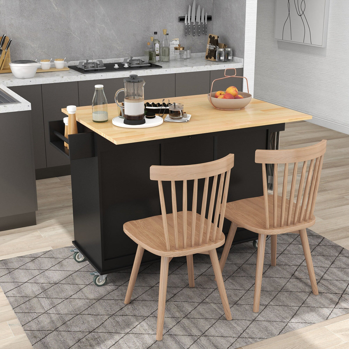 CESICIA Black Wood Base with Wood Top Rolling Kitchen Island (17.71-in x 52.7-in x 36.81-in)
