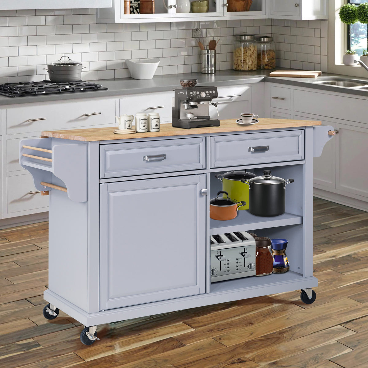 CESICIA Gray Wood Base with Wood Top Rolling Kitchen Island (32-in x 57.63-in x 36-in)