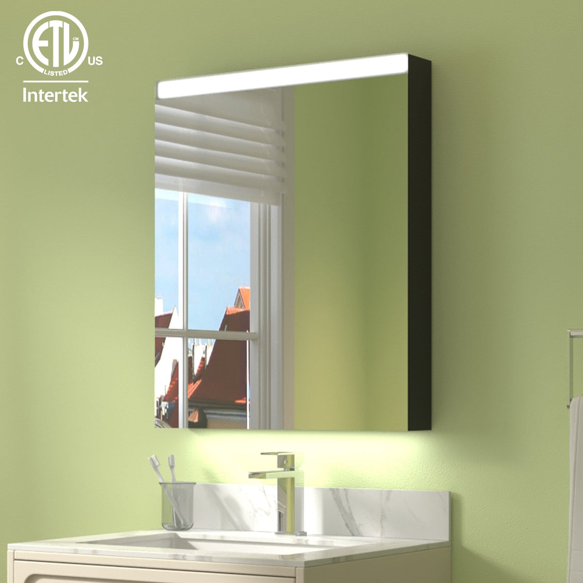 ExBrite Arvona 24-in x 30-in Lighted LED Surface Mount Matte Black Mirrored Medicine Cabinet