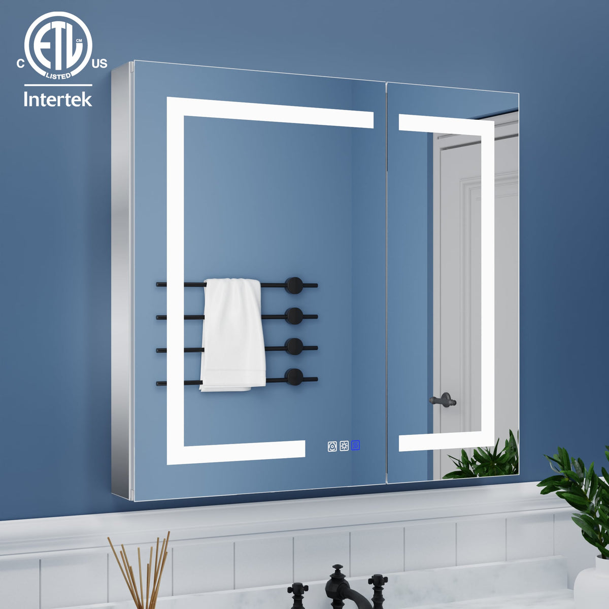 ExBrite 32-in x 30-in Lighted LED Fog Free Surface/Recessed Mount Silver Mirrored Soft Close Medicine Cabinet with Outlet