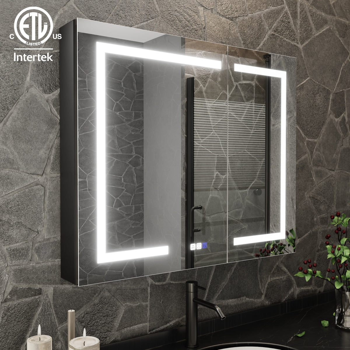 ExBrite 36-in x 30-in Lighted LED Fog Free Surface/Recessed Mount Matte Black Mirrored Soft Close Medicine Cabinet with Outlet