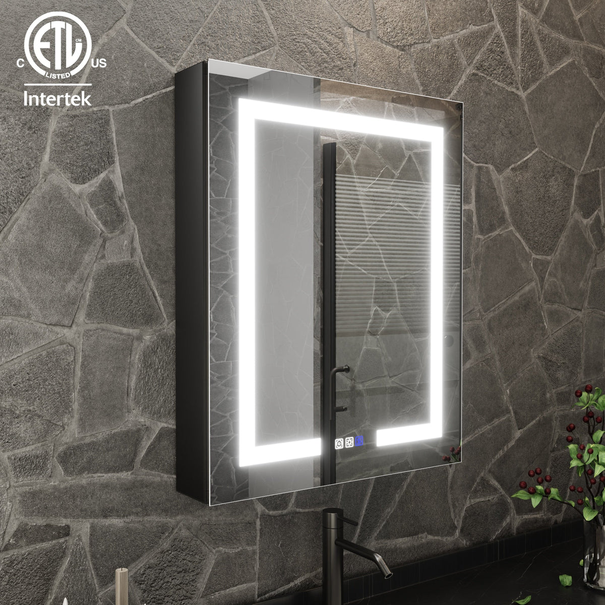 ExBrite 24-in x 30-in Lighted LED Fog Free Surface/Recessed Mount Matte Black Mirrored Soft Close Medicine Cabinet with Outlet