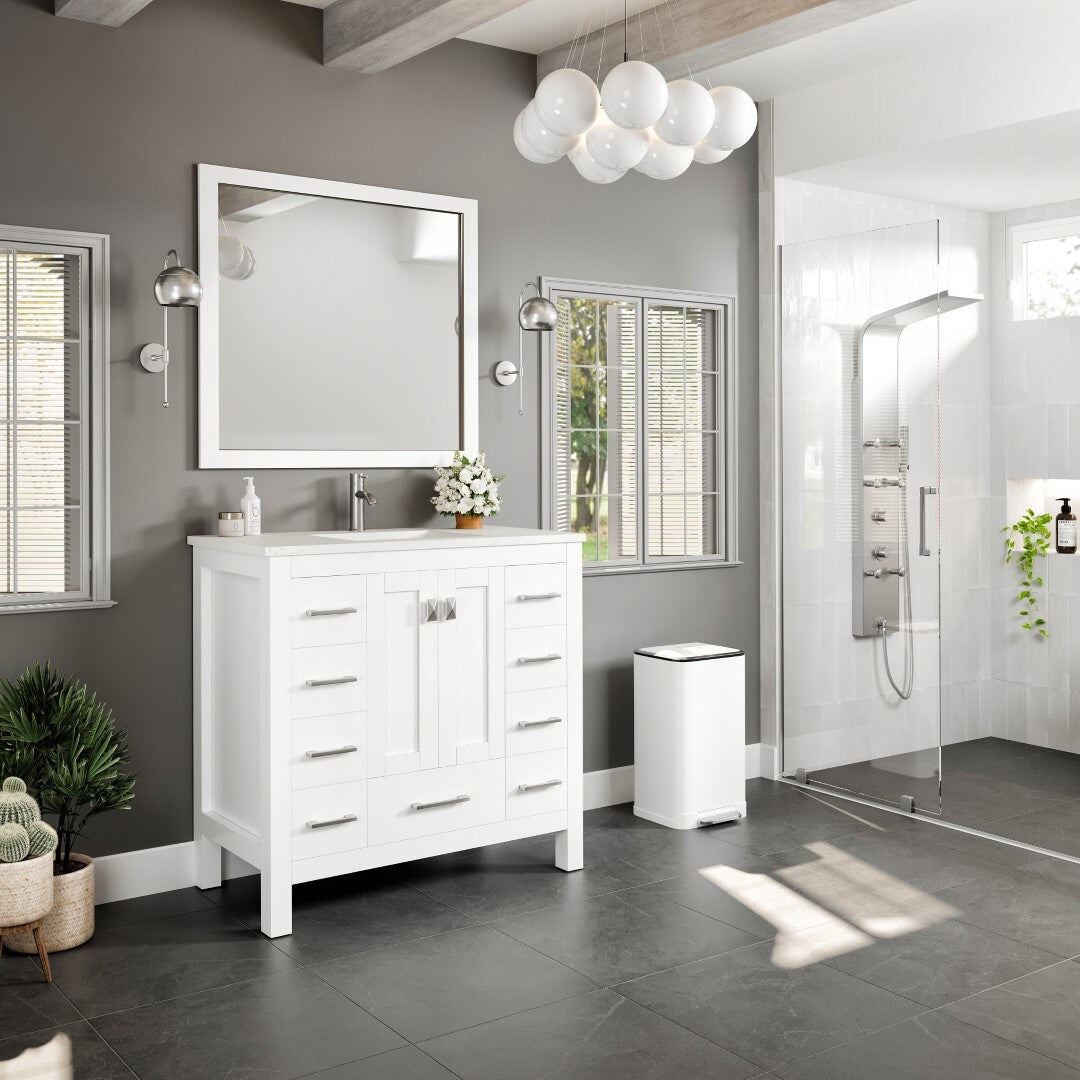 Eviva Hampton 36 in. W x 18 in. D x 34 in. H Bathroom Vanity in Gray with White Carrara Marble Top and White Undermount Sink