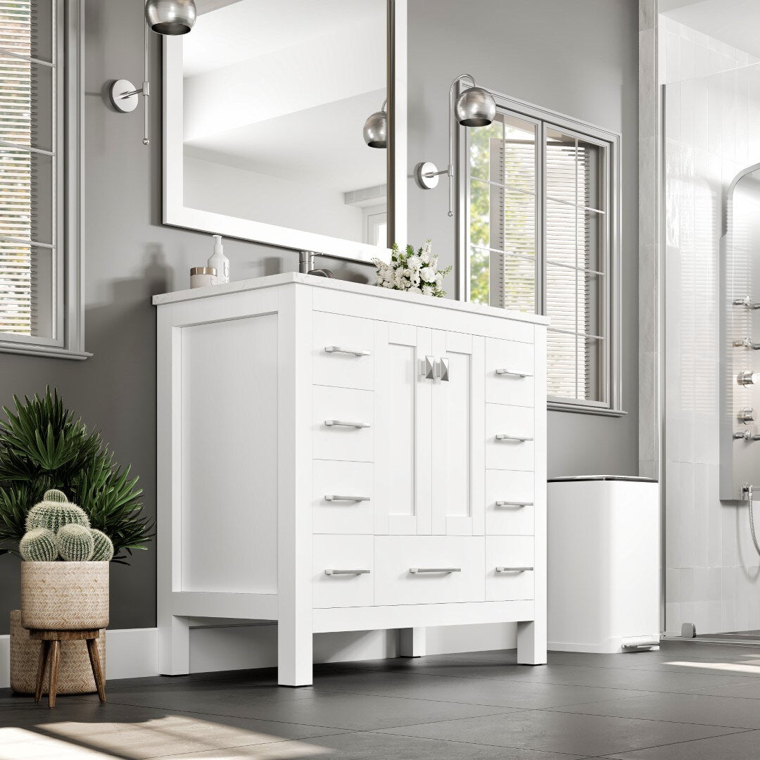 Eviva Hampton 36 in. W x 18 in. D x 34 in. H Bathroom Vanity in Gray with White Carrara Marble Top and White Undermount Sink