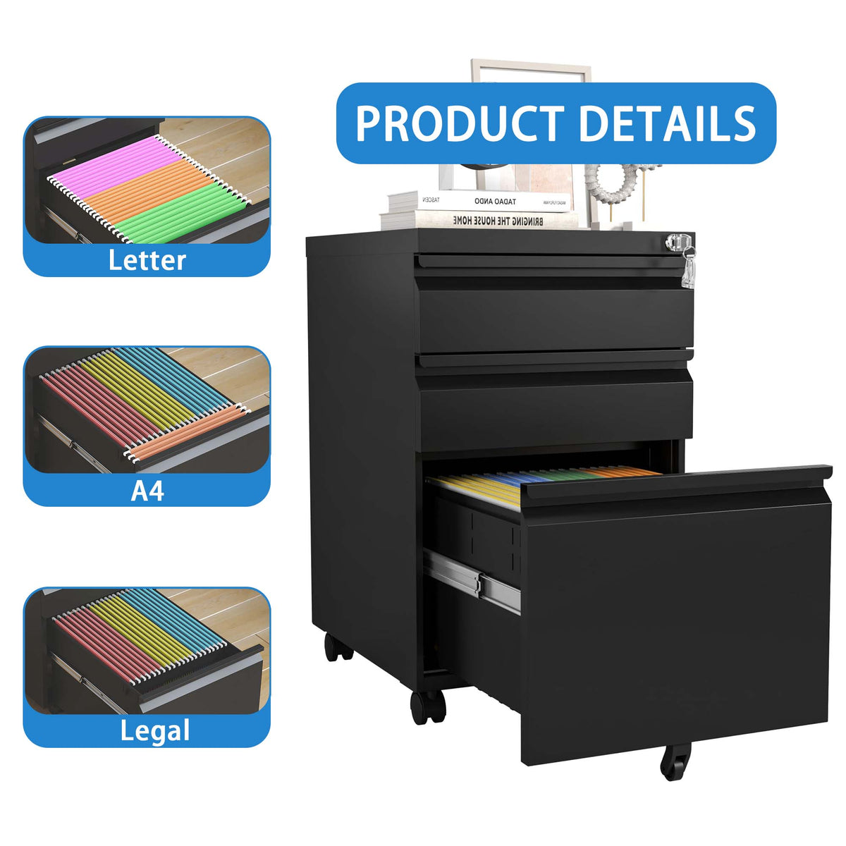 Mondawe Black 3-Drawer 14.57-in File Cabinet