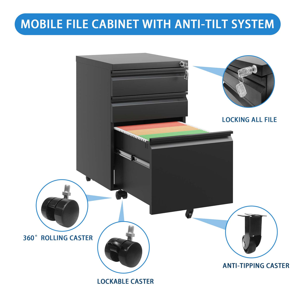 Mondawe Black 3-Drawer 14.57-in File Cabinet
