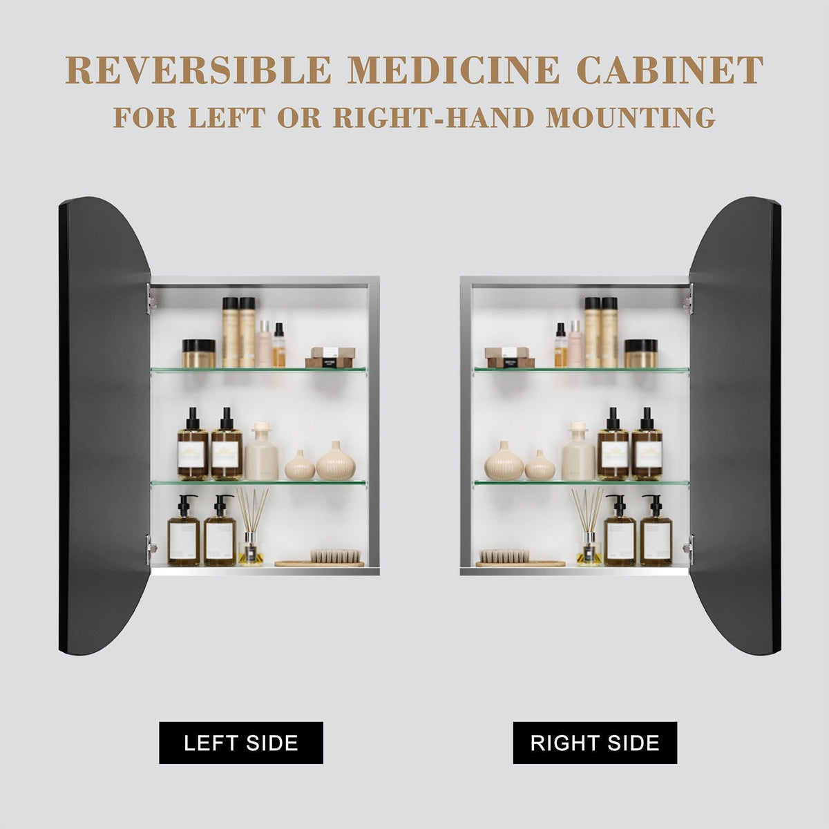 WELLFOR 16-in x 26-in Surface/Recessed Mount Black + Silver Mirrored Arched Soft Close Medicine Cabinet