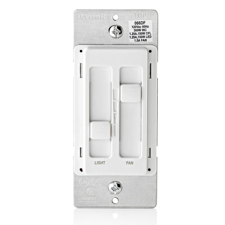 Leviton SureSlide 1.5A Dual Quiet Fan Speed Control and Light Dimmer, 150W LED/300W Incandescent, 120V, Single-Pole, White