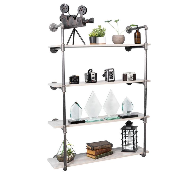 1/2 in. Black Pipe 11.75 in. D x 48.5 in. H Wall Mounted 4-Tier Shelf Kit