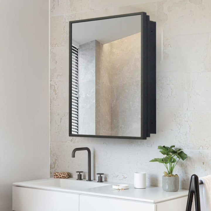 WELLFOR 16-in x 24-in Surface/Recessed Mount Black Mirrored Medicine Cabinet