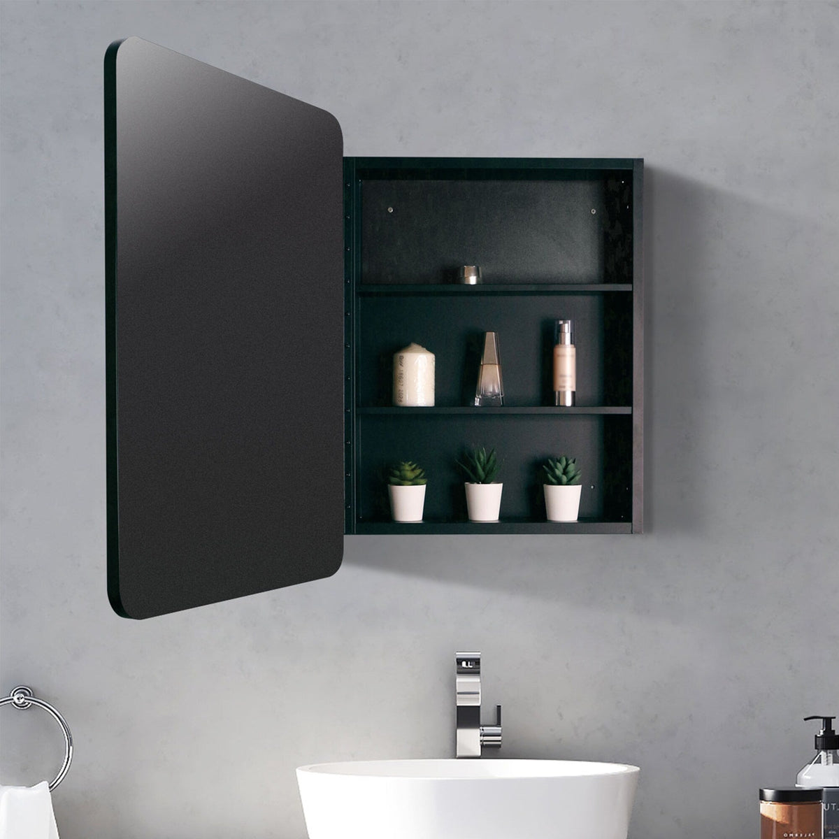 WELLFOR 24-in x 30-in Surface/Recessed Mount Black Mirrored Medicine Cabinet