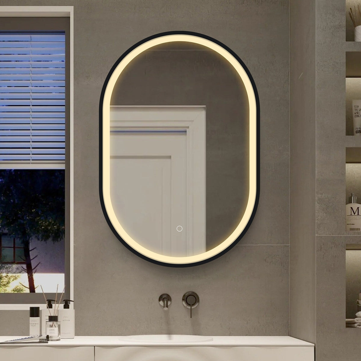WELLFOR 21-in x 31-in Lighted LED Fog Free Surface Mount Black Mirrored Oval Medicine Cabinet