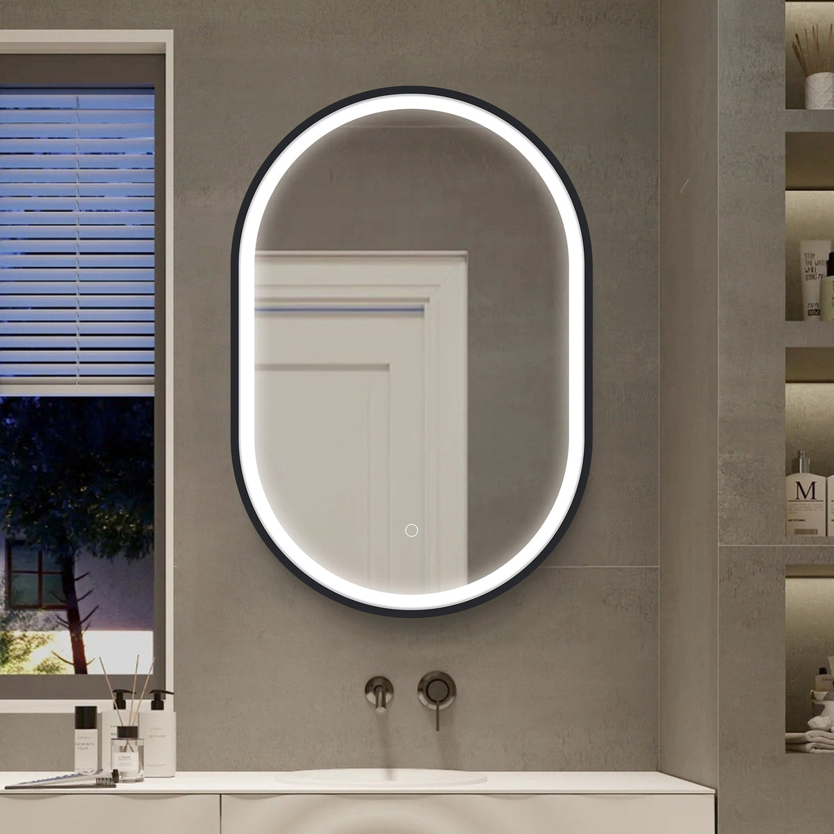 WELLFOR 21-in x 31-in Lighted LED Fog Free Surface Mount Black Mirrored Oval Medicine Cabinet