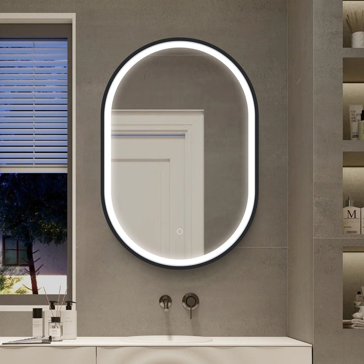 WELLFOR 21-in x 31-in Lighted LED Fog Free Surface Mount Black Mirrored Oval Medicine Cabinet