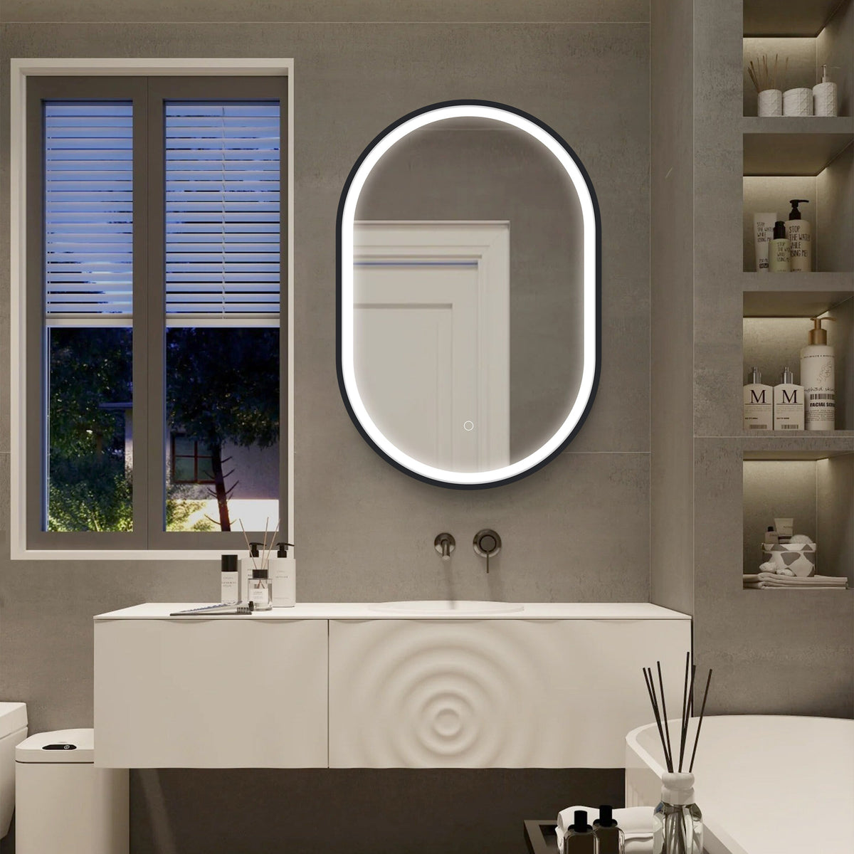 WELLFOR AO 21-in x 31-in Lighted LED Fog Free Surface Mount Black Mirrored Oval Soft Close Medicine Cabinet
