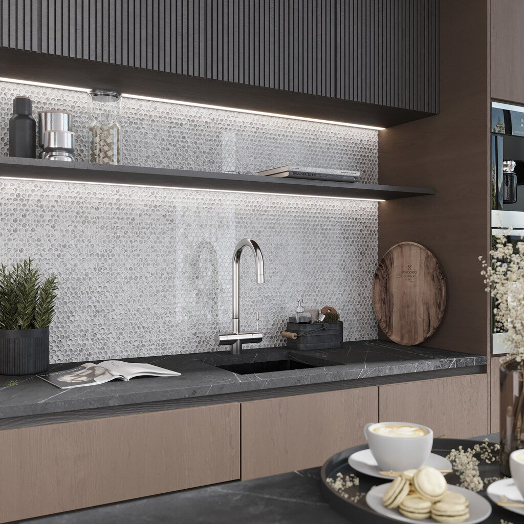 Apollo Tile Majeste Silver 12-in x 12-in Glossy Glass Penny Round Floor and Wall Tile (10.34-sq. ft/ Carton)
