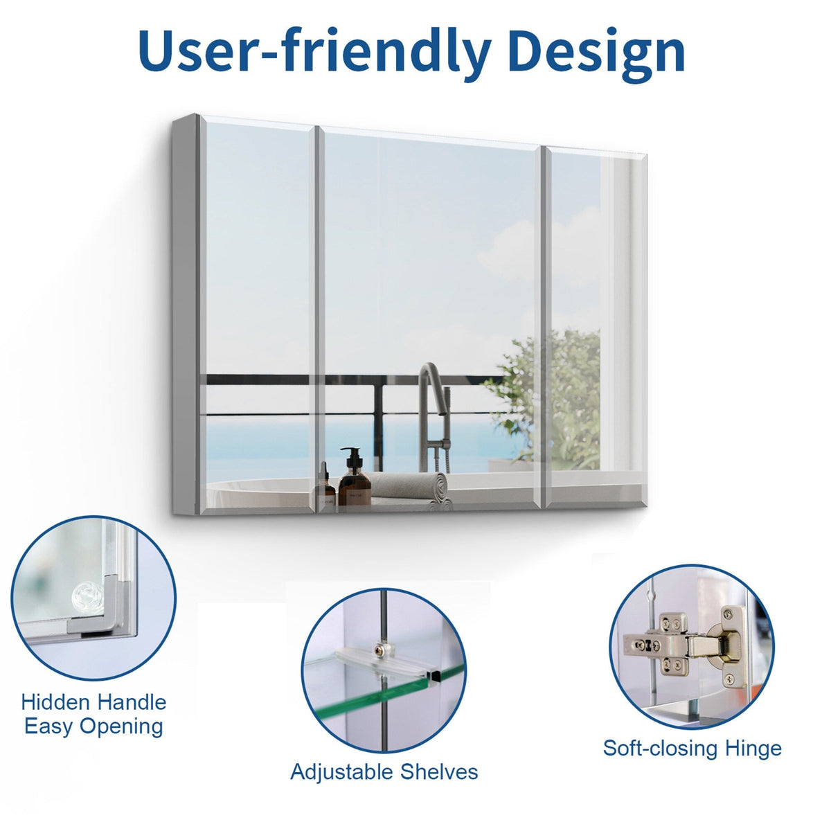WELLFOR 36-in x 26-in Surface/Recessed Mount Silver Mirrored Soft Close Medicine Cabinet