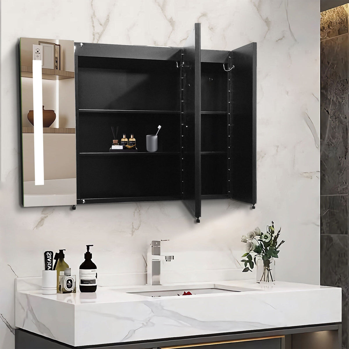 WELLFOR 36-in x 26-in Lighted LED Fog Free Surface Mount Black Mirrored Medicine Cabinet