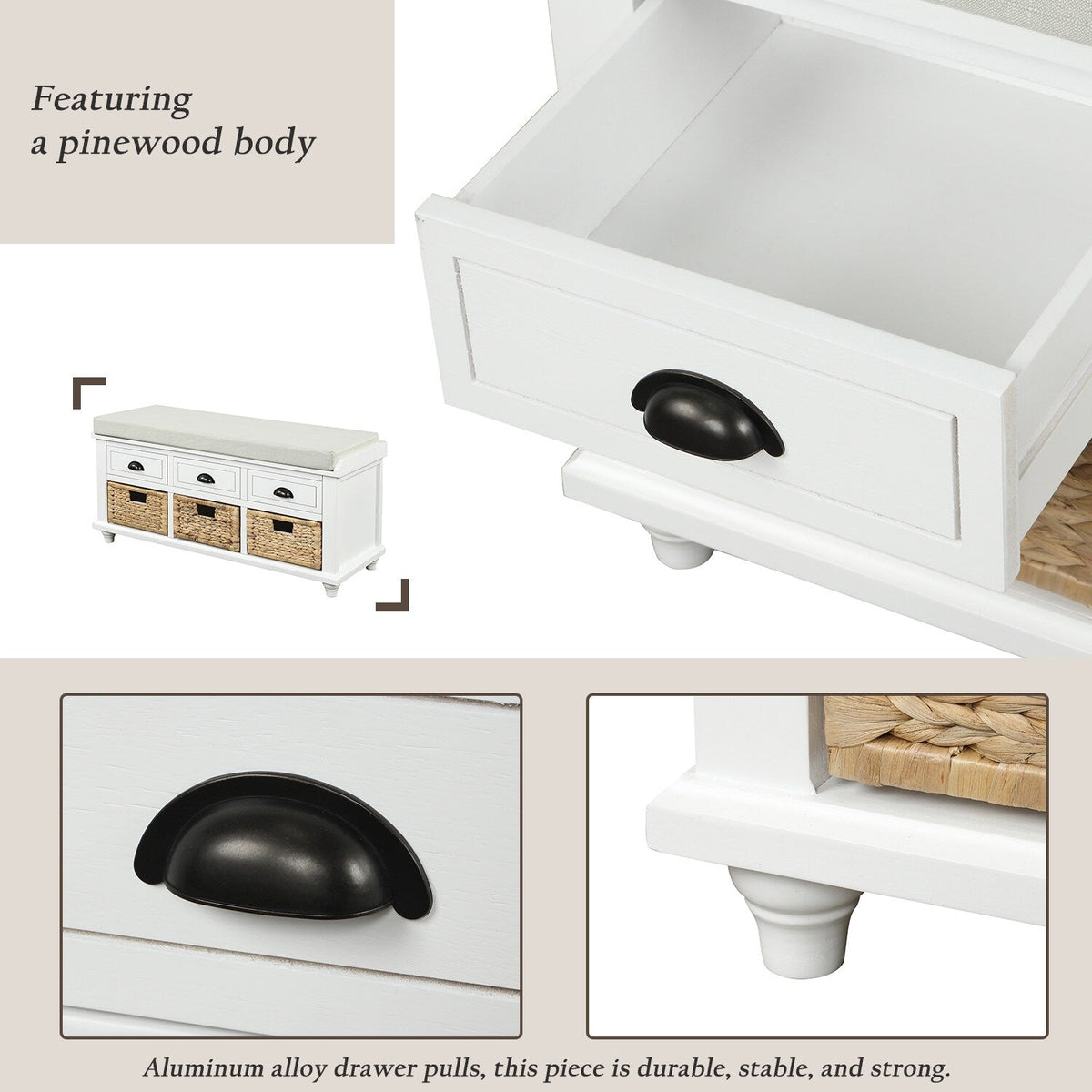Mondawe Rustic White Storage Bench 42.1-in x 15.4-in x 18.7-in