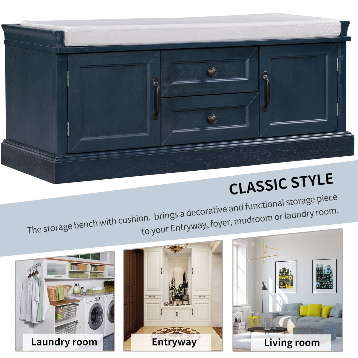 Mondawe Rustic Blue Storage Bench 42.5-in x 15.9-in x 17.5-in